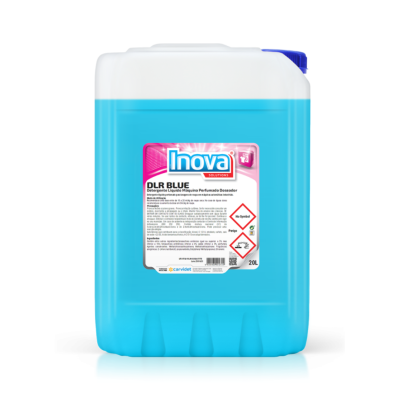Recipiente azul de 20L com rótulo do produto químico DLR BLUE da marca Inova