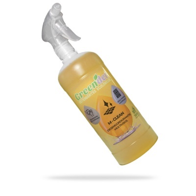 frasco plástico amarelo com pulverizador transparente de desengordurante multiusos Greenleaf