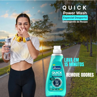 Mulher ao ar livre com roupa de treino e um detergente Quick Power Wash Dr. Beckmann