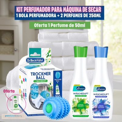 Kit perfumador para máquina de secar com bola azul e dois frascos de perfume branco com tampas coloridas em cima de toalhas brancas