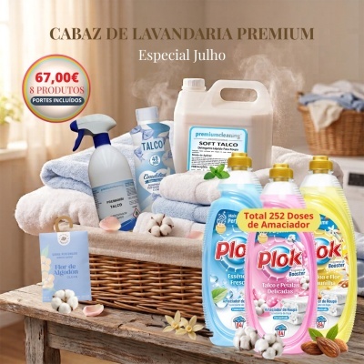 Conjunto CABAZ DE LAVANDARIA PREMIUM com detergentes líquidos, amaciadores coloridos, saco perfumado Flor de Algodón e toalhas num cesto de vime