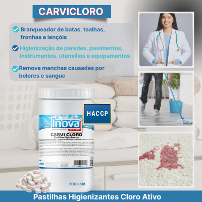 Frasco de pastilhas higienizantes Inova Carvicloro com selo HACCP e imagens associadas à limpeza e saúde