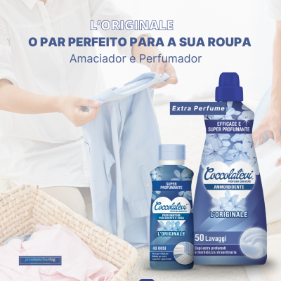 Produtos Coccolatevi amaciador e perfumador com padrão floral azul e mãos segurando camisa azul clara
