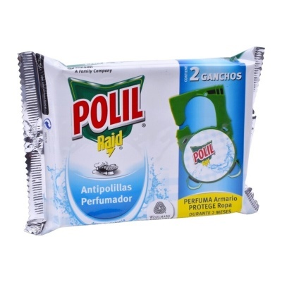 Embalagem Polil Raid Antipolillas com ganchos verdes e texto azul e amarelo