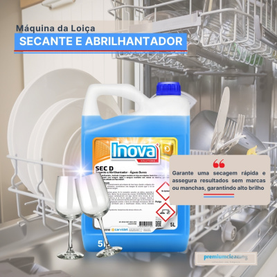 Embalagem de secante e abrilhantador Inova SEC D azul para máquina de loiça com pratos e copos no lavaloiça
