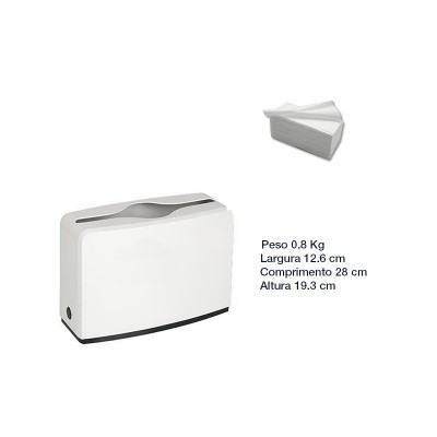 Dispenser branco para guardanapos com guardanapos e especificações de tamanho