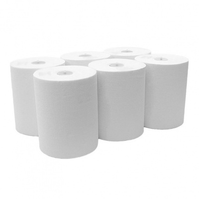 Seis rolos de papel toalha branco sobre fundo branco
