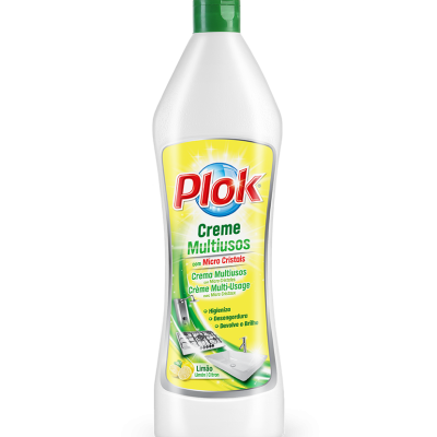Frasco de creme multiusos Plok com rótulo amarelo e tampa verde