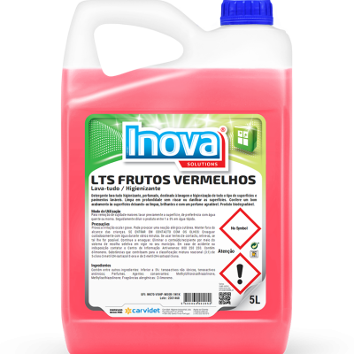 Garrafão plástico de detergente lava-tudo Inova, 5 litros, vermelho com rótulo detalhado