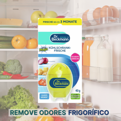 Produto Dr. Beckmann para remover odores do frigorífico com embalagem amarela e azul