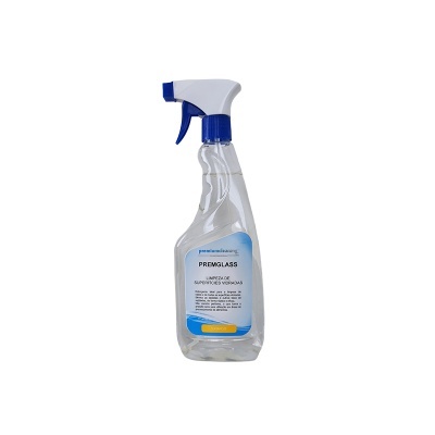 Frasco de spray transparente com tampa azul e branca e rótulo azul e branco