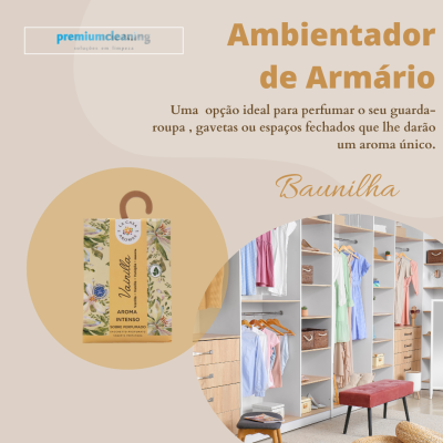 Ambientador de armário em embalagem floral com texto e armário branco organizado com roupa e banco