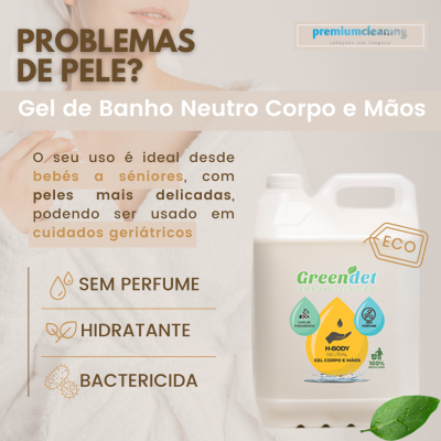 Produto gel de banho Neutro Corpo e Mãos Greendet em embalagem branca com texto e selo ECO, lado de pessoa com toalha branca.