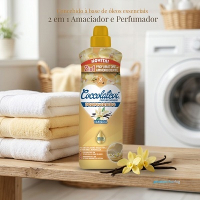 Garrafa amaciador e perfumador Coccolatevi Profumorbido Vaniglia com flores de baunilha em lavandaria