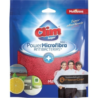 Embalagem azul e vermelha de pano de microfibra Clim hogar com texto e imagens promocionais.