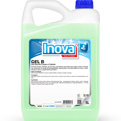 Recipiente verde claro de gel de duche Inova Solutions com etiqueta azul e vermelha
