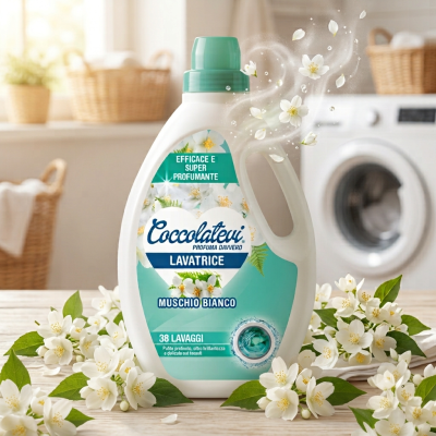 Frasco detergente para máquina de lavar roupa com flores brancas e folhas verdes à volta