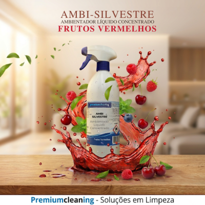Frasco de ambientador líquido concentrado AMBI-SILVESTRE com frutas vermelhas e folhas ao redor em mesa de madeira