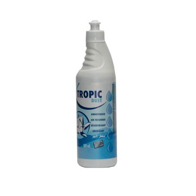 Frasco do ambientador Tropic Dust branco e azul com tampa de rosca