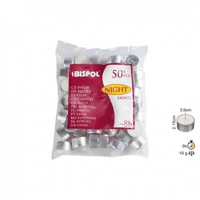 Pacote de 50 velas de chá Bispol em suportes metálicos prateados em saco plástico transparente com etiqueta branca e vermelha NIGHT LIGHTS