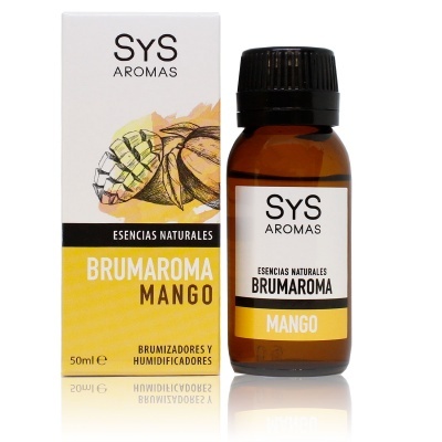 Frasco com óleo essencial SyS Aromas Brumaroma Mango e embalagem correspondendo