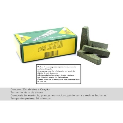 Tabletes verdes escuros ao lado de caixa amarela e verde rotulada 'Abre Caminho'.