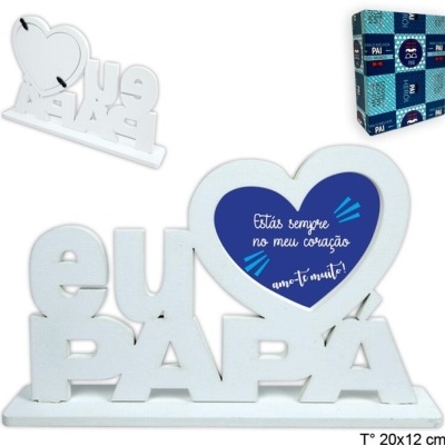 Porta-retratos 'EU PAPÁ' branco com coração azul e embalagem azul com padrões e palavra 'PAI'