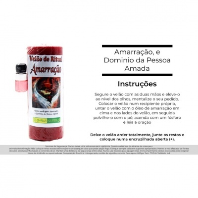 Vela de rituais Amarração com frasco pequeno e instruções em fundo branco