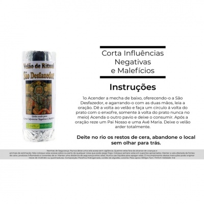 Vela de ritual branca com rótulo São Desfazedor e instruções em português