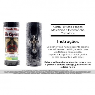 Vela ritual São Cipriano com cruz e instruções em português