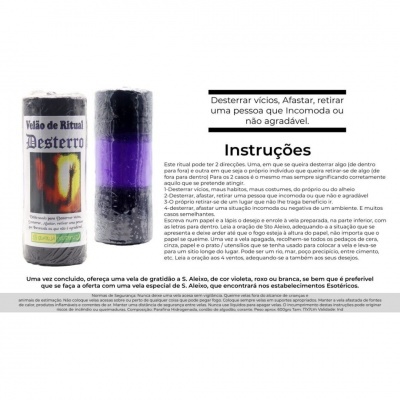 Velas grossas branca e preta com faixa roxa 'Velão de Ritual Desterro' e instruções ao lado em fundo branco