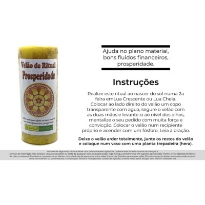 Vela de ritual amarelo com etiqueta e instruções ao lado