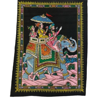 Toalha bordada colorida com elefante e figuras tradicionais