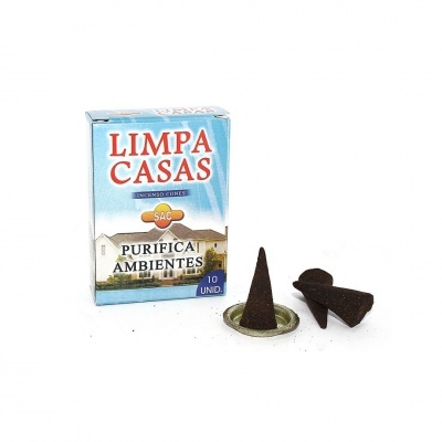 Caixa azul de incenso em cones LIMPA CASAS com 10 unidades e cones castanhos escuros