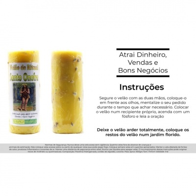 Duas velas amarelas com sementes e rótulo com texto e imagem, em fundo branco