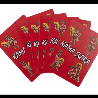 Cartas de jogo vermelhas com ilustrações e texto KAMA SUTRA