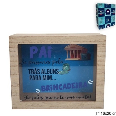 Cofre de madeira azul com texto para pai e decoração de templo romano