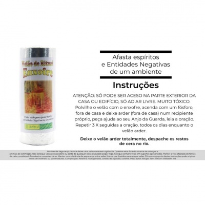 Vela de ritual amarela em embalagem transparente com texto explicativo em português