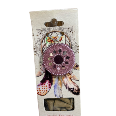 Caixa de incenso branca com padrões de penas e círculo rosa brilhante