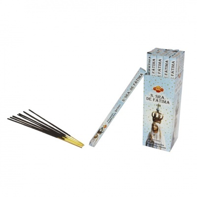 Caixa e pacote de incensos N. SRA. DE FÁTIMA com sticks de incenso em madeira negra e base dourada