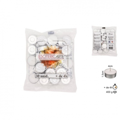 Pacote com 30 velas tealight brancas em copos metálicos