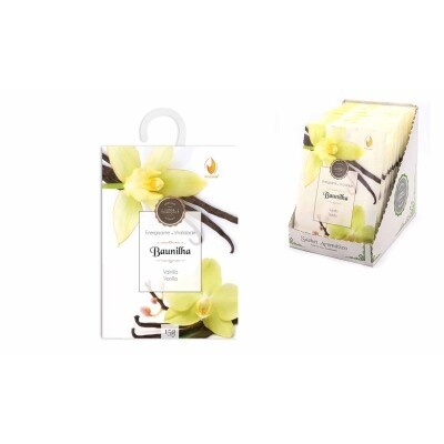 Embalagem branca de incensos de baunilha com flores e texto, em caixa de exposição