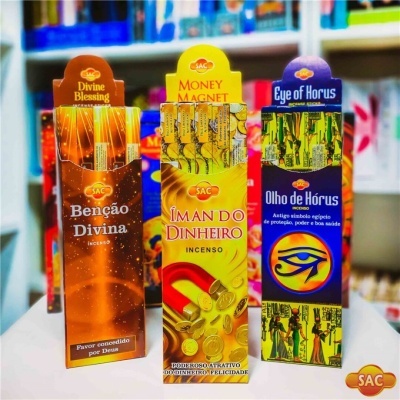 Embalagens coloridas de incenso Benção Divina, Ímã do Dinheiro e Olho de Hórus da marca SAC