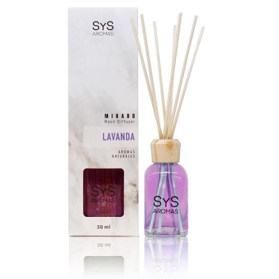 Difusor Mikado SYS Aromas Lavanda 50 ml com embalagem branca e garrafa lilás com varetas de madeira