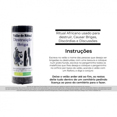 Vela preta ritual com rótulo branco e texto instrucional em português