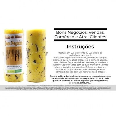 Velas amarelas com partículas pretas e texto 'Bons Negócios, Vendas, Comércio e Atrai Clientes' com instruções em português