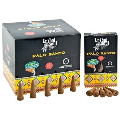 Cones de incenso Tribal Soul Palo Santo com embalagem preta e detalhes tribais coloridos