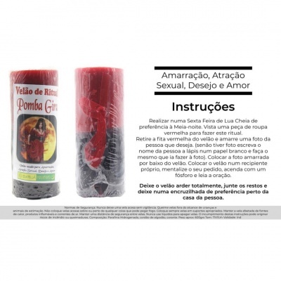 Velão ritualístico vermelho Pomba Gira com instruções de uso impressas