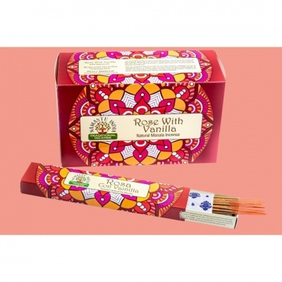 Caixa e embalagem de incenso natural Rose with Vanilla com design mandala colorido