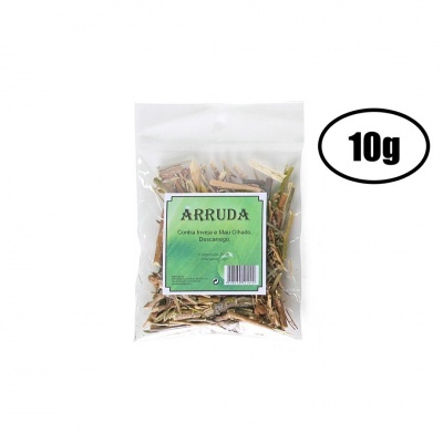 Pacote de arruda seca de 10g com etiqueta verde em fundo branco